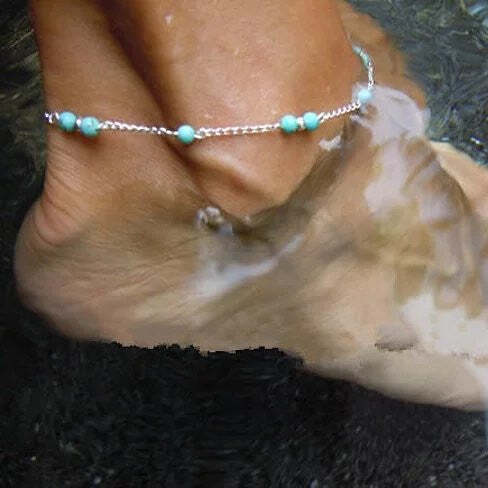 Mermaid Anklet Turquoise Beads On Silver Chain