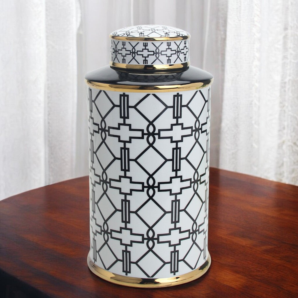 12" White and Black Geometric Cylinder Ceramic Ginger Jar