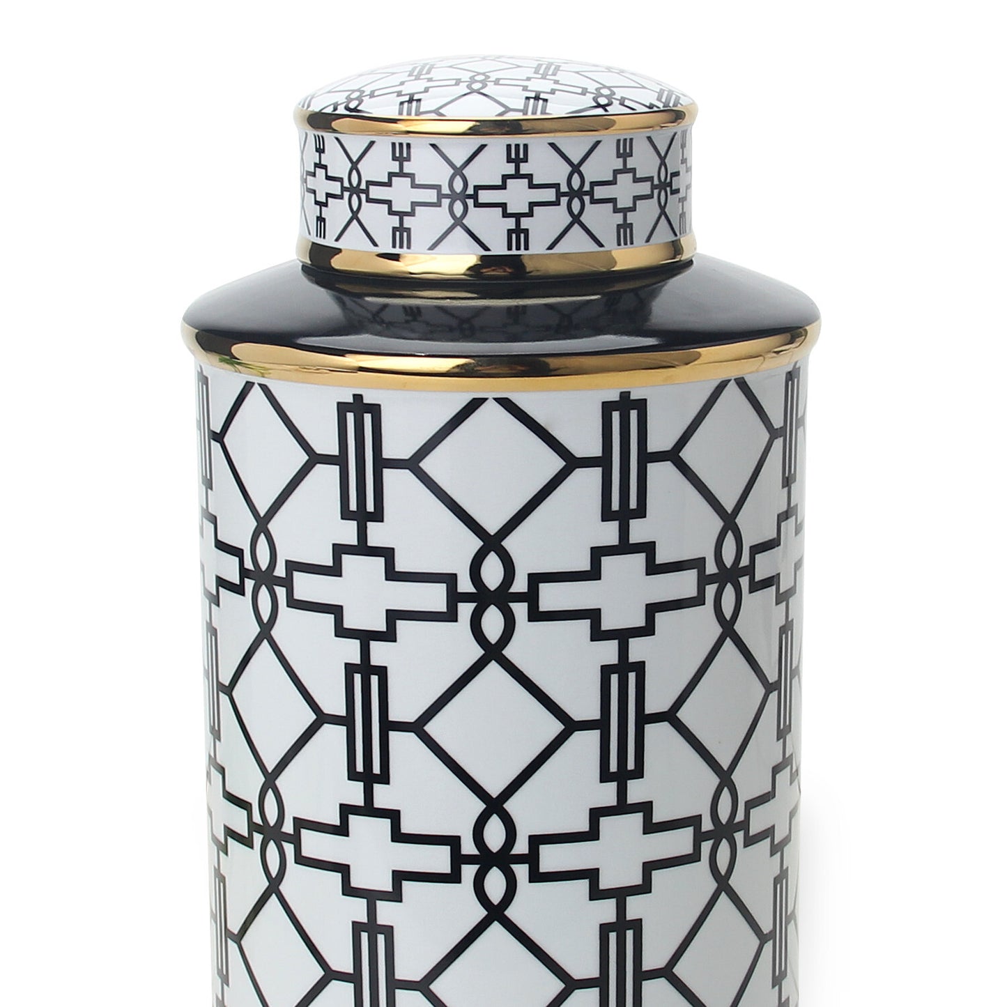 12" White and Black Geometric Cylinder Ceramic Ginger Jar