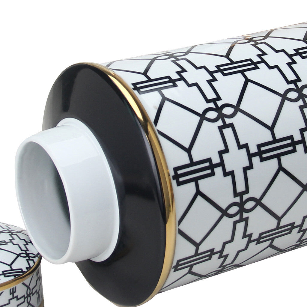 12" White and Black Geometric Cylinder Ceramic Ginger Jar