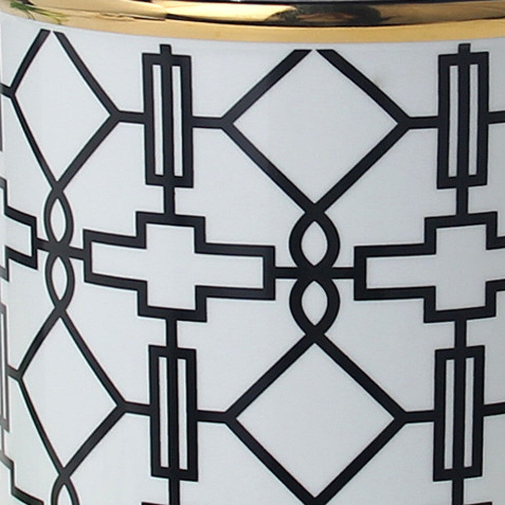 12" White and Black Geometric Cylinder Ceramic Ginger Jar