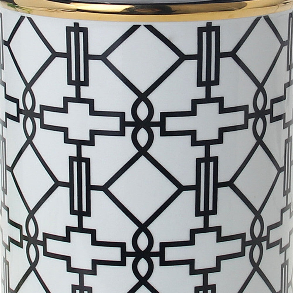 12" White and Black Geometric Cylinder Ceramic Ginger Jar