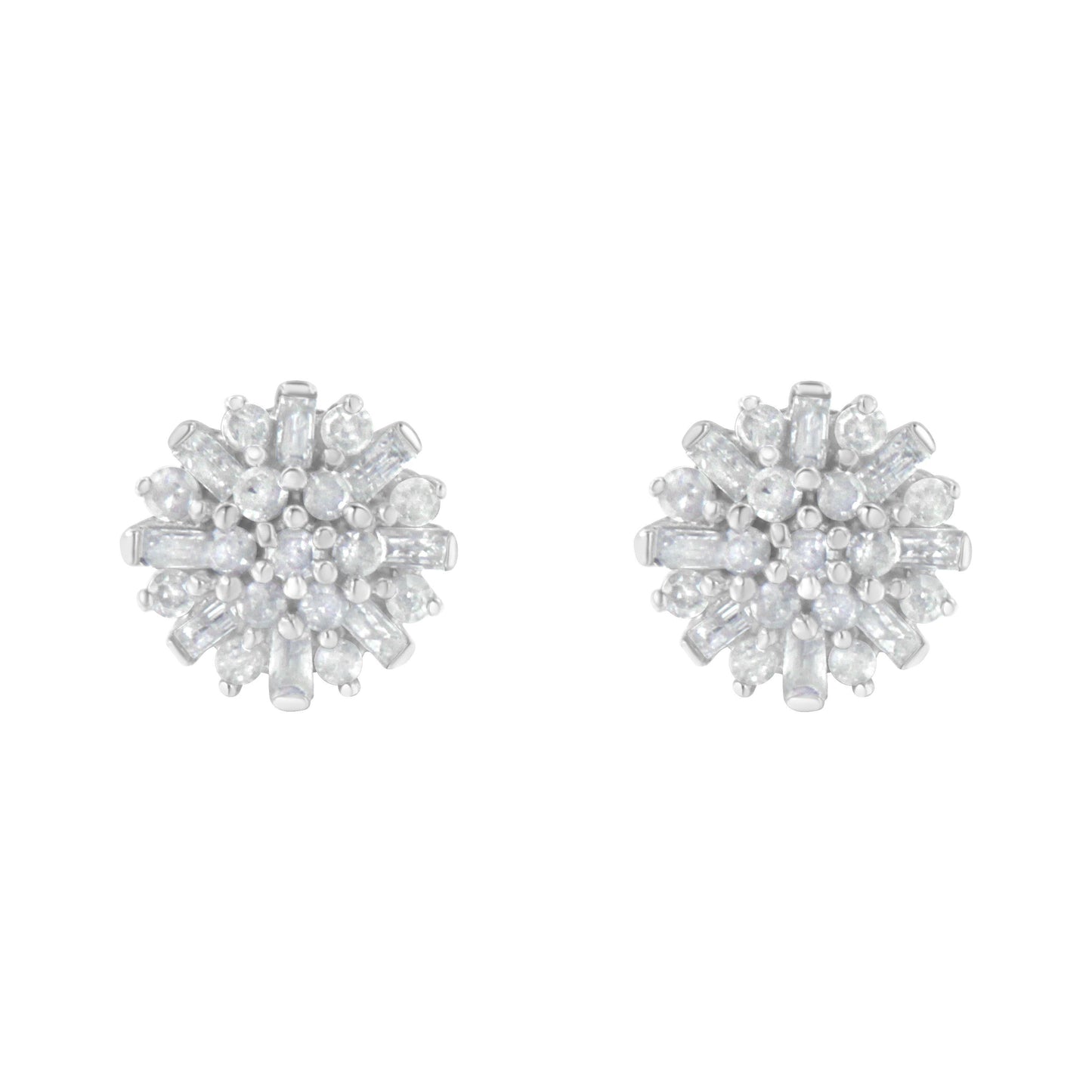 .925 Sterling Silver 1/2 Round and Baguette Diamond Sunburst Floral Cluster Stud Earrings (I-J Color, I3 Clarity)