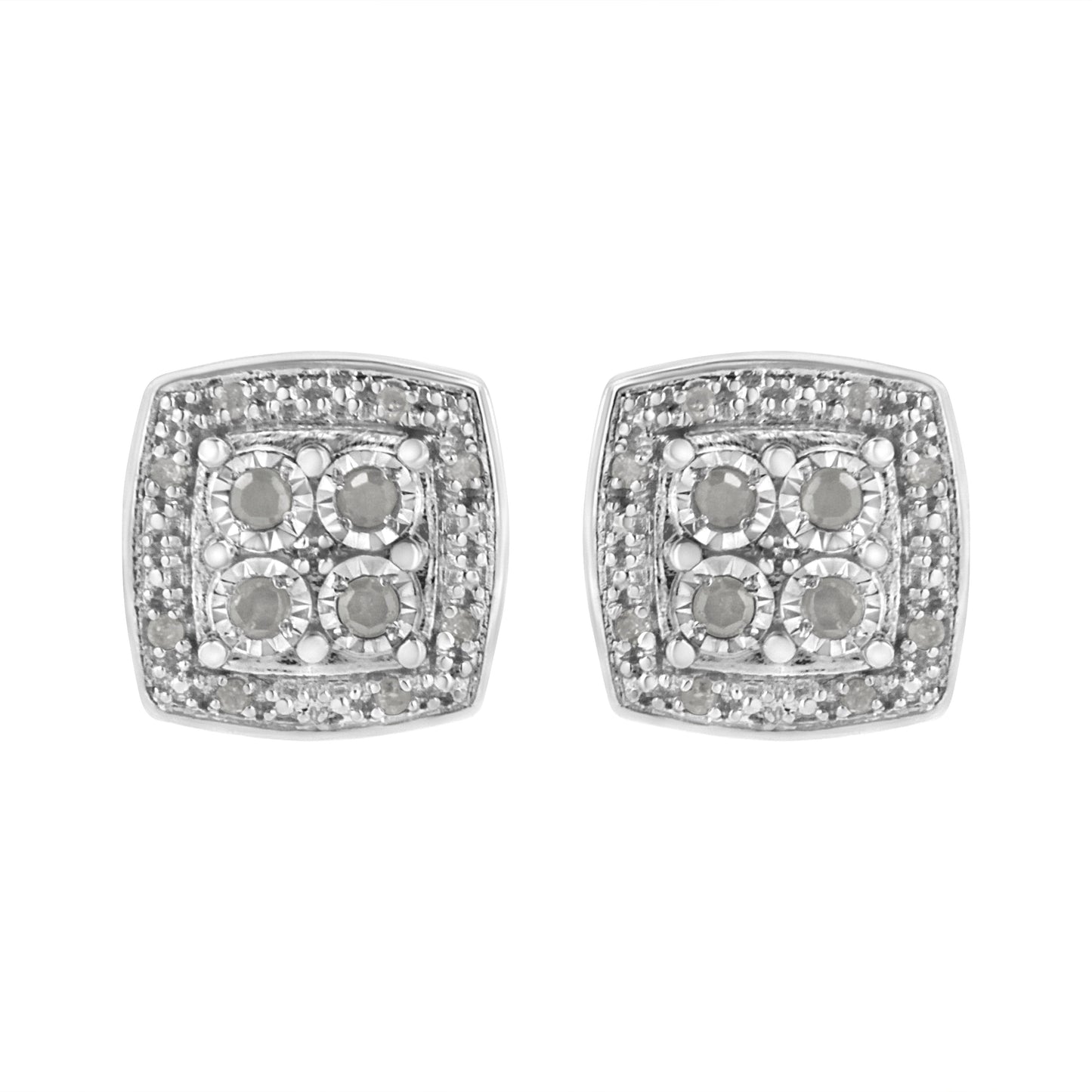 .925 Sterling Silver 1/4 cttw Round Cut Diamond Square Shape Milgrain Stud Earrings (I-J Color, I3 Clarity)