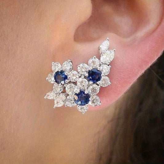 Flower Shape 925 Silver Plated Inlaid Blue Sapphire Stud Earrings For Women Party Wedding Banquet Ear Climber Earrings