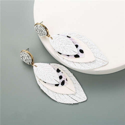 Multi-layer Leaves Bohemian Fashion Women Leather Texture Stud Earrings - White