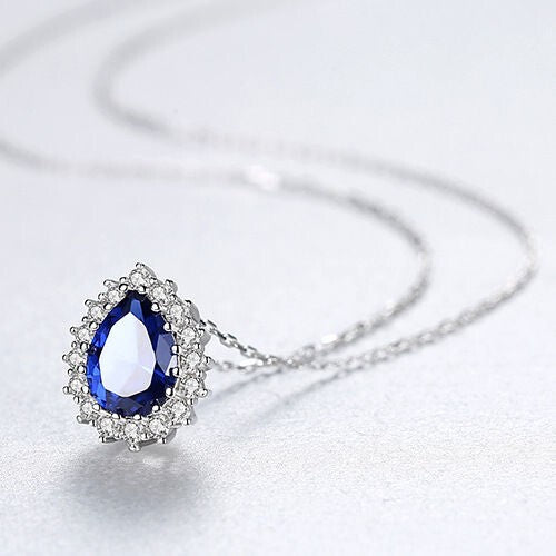 Luxurious Classic Water Drop Pendant 925 Sterling Silver Women Evening Necklace - Blue